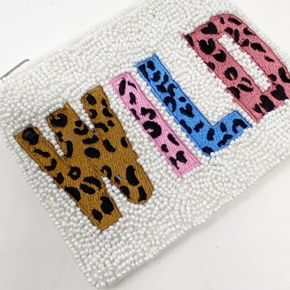 WILD Animal Print Embroidered Patches on White Beaded Coin Purse - Picture 3 of 7